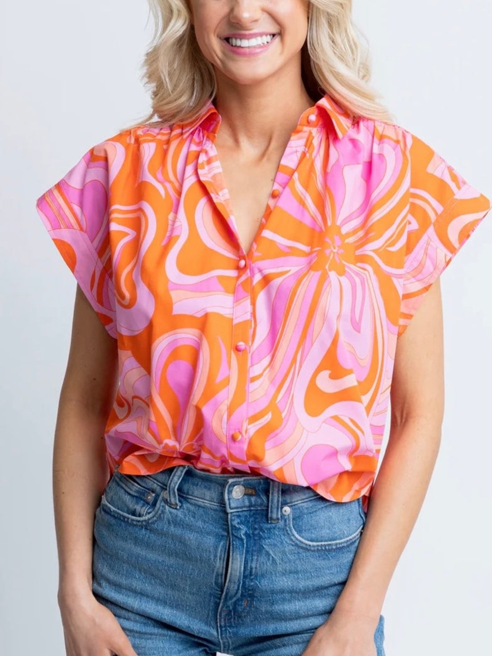 Karlie 70s Floral Button Cap Sleeve Top